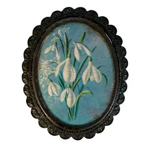 VINTAGE EXQUISITE BROOCH JANUARY SNOWDROP CAMEO ILLUSTRATED PRINT